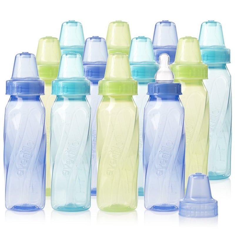 Evenflo Feeding Classic Tinted Plastic Standard Neck Bottles for Baby, Infant and Newborn - Teal/Green/Blue, 8 Ounce (Pack of 12) - Image 1