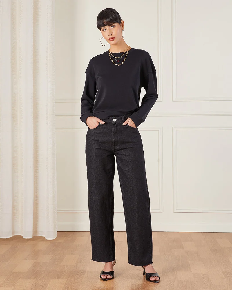 Redtag Women Black Basic Crew Neck Sweatshirt