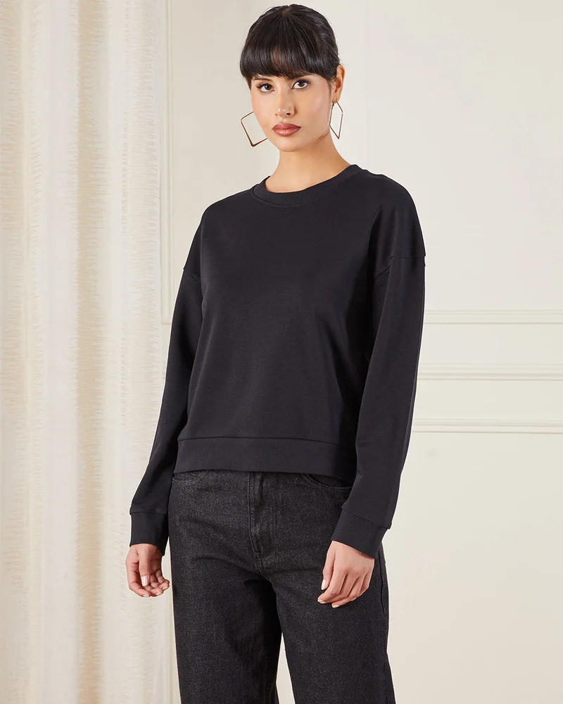 Redtag Women Black Basic Crew Neck Sweatshirt