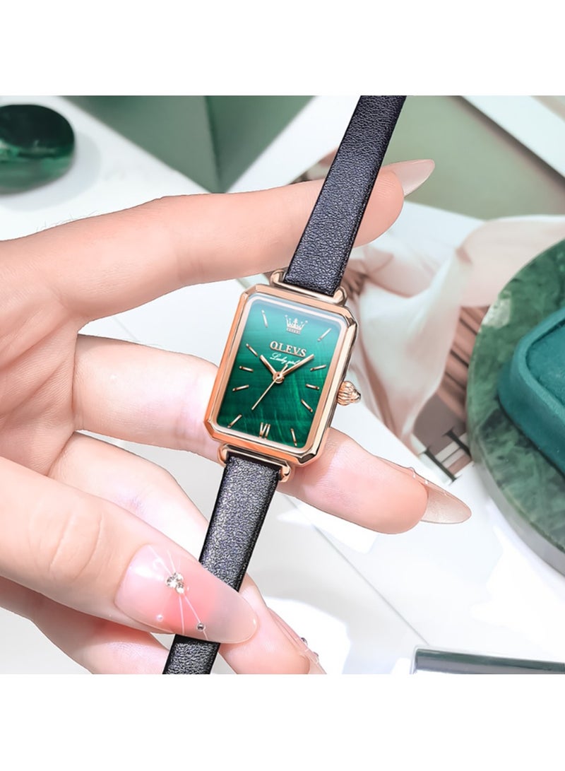 أوليفز ساعات نسائية أنيقة، ساعات مربعة كلاسيكية للنساء، ساعة مربعة بحجر أخضر، ساعات كوارتز تناظرية جلدية للسيدات - Image 3