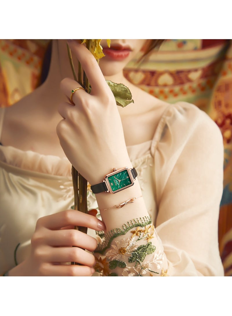 أوليفز ساعات نسائية أنيقة، ساعات مربعة كلاسيكية للنساء، ساعة مربعة بحجر أخضر، ساعات كوارتز تناظرية جلدية للسيدات - Image 4