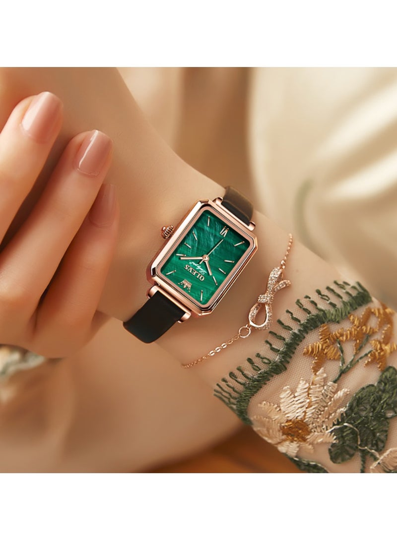 أوليفز ساعات نسائية أنيقة، ساعات مربعة كلاسيكية للنساء، ساعة مربعة بحجر أخضر، ساعات كوارتز تناظرية جلدية للسيدات - Image 5
