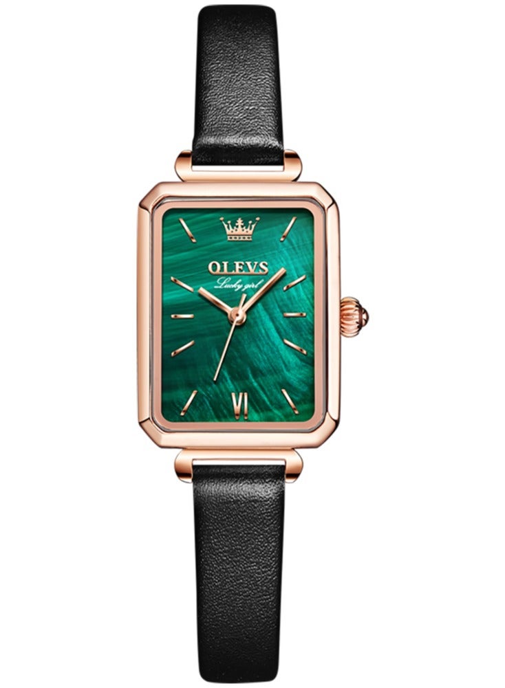 أوليفز ساعات نسائية أنيقة، ساعات مربعة كلاسيكية للنساء، ساعة مربعة بحجر أخضر، ساعات كوارتز تناظرية جلدية للسيدات - Image 1