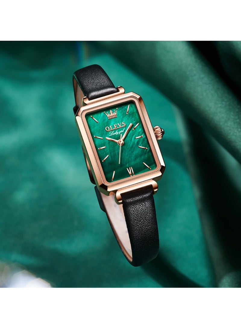 أوليفز ساعات نسائية أنيقة، ساعات مربعة كلاسيكية للنساء، ساعة مربعة بحجر أخضر، ساعات كوارتز تناظرية جلدية للسيدات - Image 2
