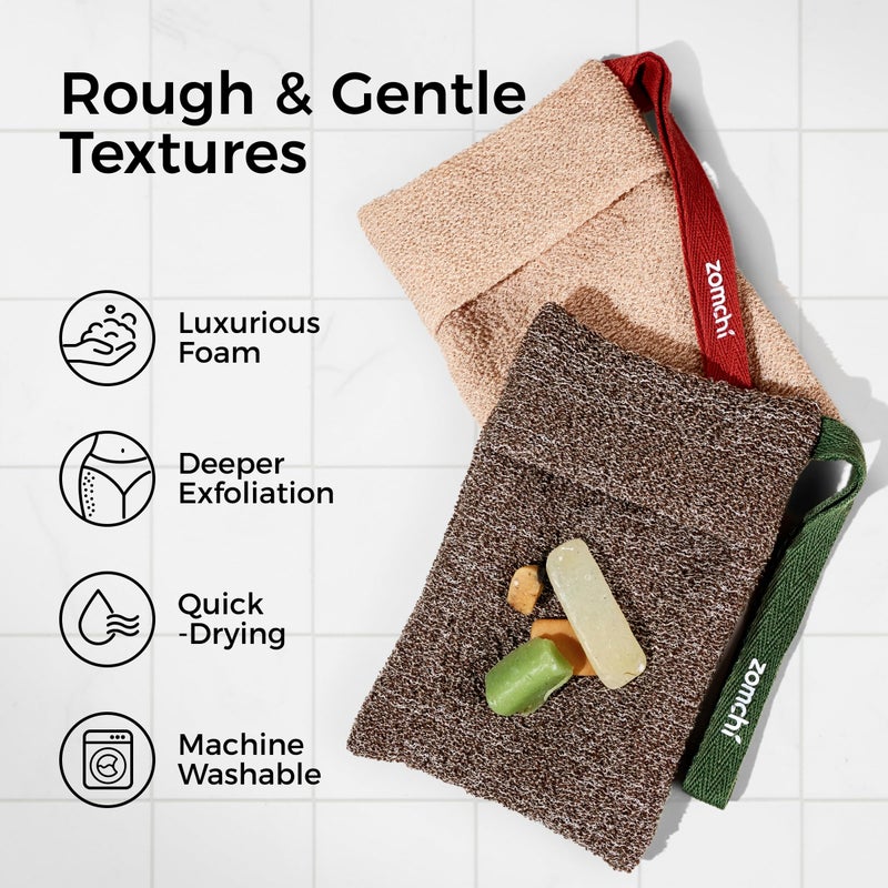 ZOMCHI Bar Soap Saver Bags, 2 Pieces Exfoliating Soap Bag with Different Roughness, Soap Bar Loofah for Men and Women, Body Scrubber Exfoliator for Smooth Clean Skin (Brown) - Image 2