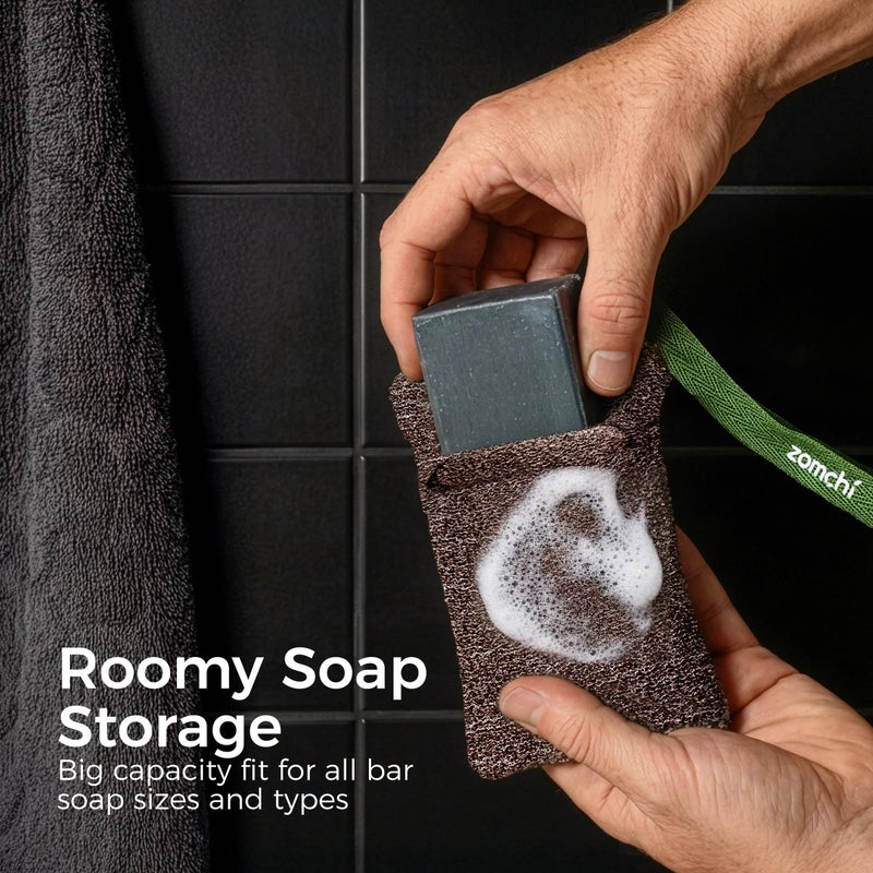 ZOMCHI Bar Soap Saver Bags, 2 Pieces Exfoliating Soap Bag with Different Roughness, Soap Bar Loofah for Men and Women, Body Scrubber Exfoliator for Smooth Clean Skin (Brown) - Image 3