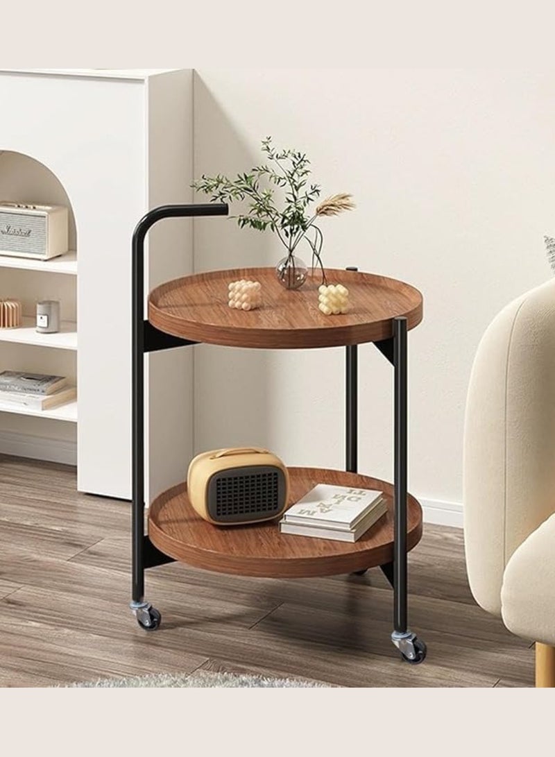Yuwell 2-Tier Round Side Table, Mid Century Modern Walnut Finish Movable Round Coffee Table With MDF Top Small Rolling Cart For Living Room, Bedside Or Sofa Side Table Easy Assembly Multi Purpose Table - Image 2
