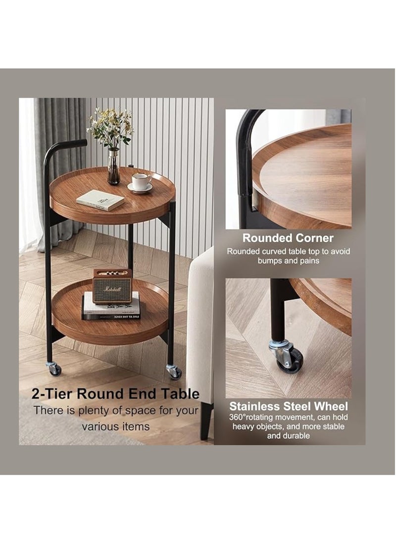 Yuwell 2-Tier Round Side Table, Mid Century Modern Walnut Finish Movable Round Coffee Table With MDF Top Small Rolling Cart For Living Room, Bedside Or Sofa Side Table Easy Assembly Multi Purpose Table - Image 3