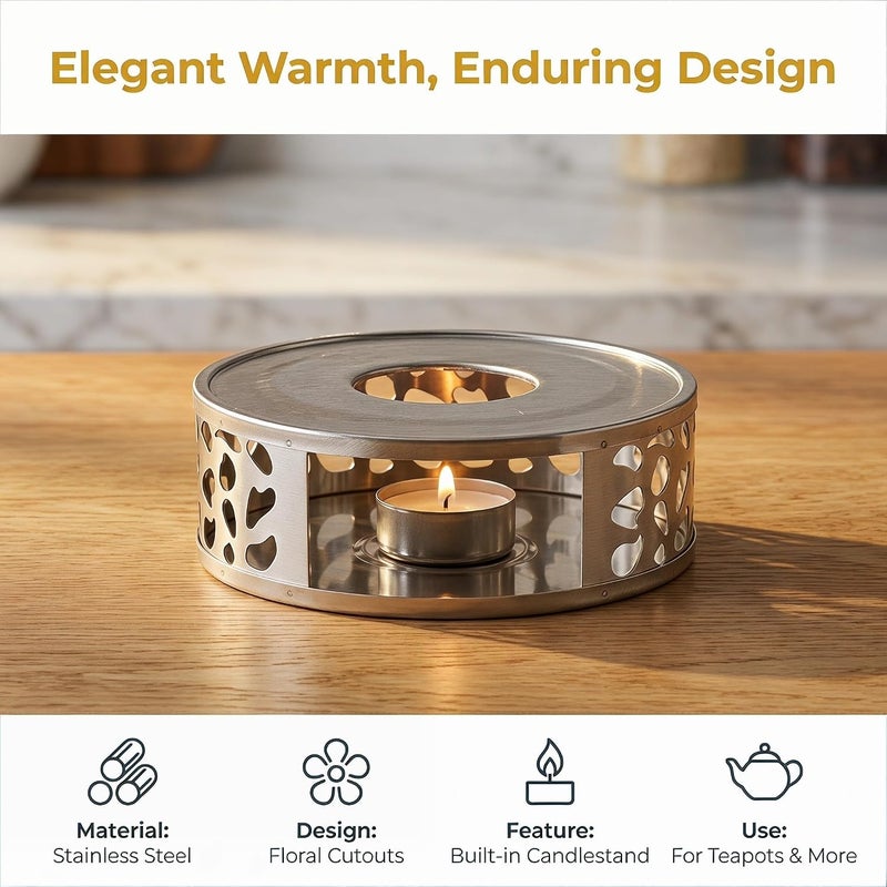MAGICLULU 2pcs Stainless Steel Candle Teapot Warmer with Hollow Flower Design Tea Light Holder Heating Tray for Pots Tea Pot Warmer Base for Coffee Milk Beverage - Image 3