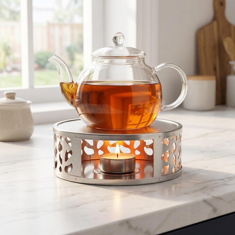 MAGICLULU 2pcs Stainless Steel Candle Teapot Warmer with Hollow Flower Design Tea Light Holder Heating Tray for Pots Tea Pot Warmer Base for Coffee Milk Beverage - Image 4