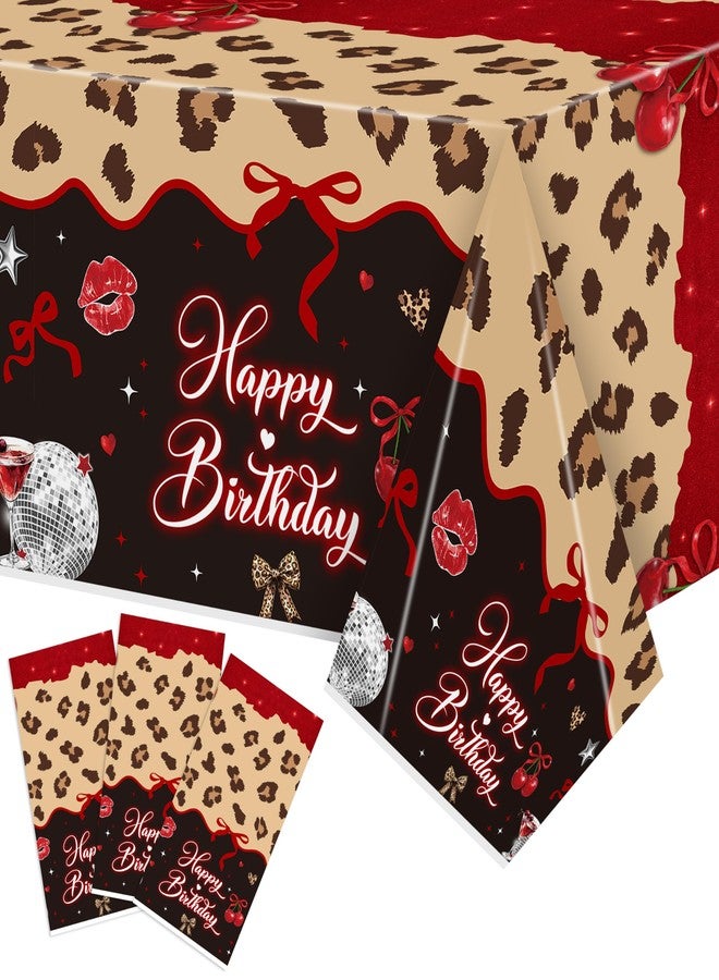 Haooryx Cheetah Cherry Table Cloth - 3Pack Red Cherry Bow Leopard Print Party Table Cover Happy Birthday Theme Rectangle Disposable Tablecloth for Girls Birthday Party Table Decoration 54×108 Inch - Image 1