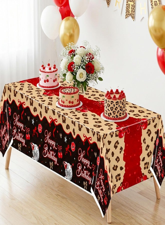Haooryx Cheetah Cherry Table Cloth - 3Pack Red Cherry Bow Leopard Print Party Table Cover Happy Birthday Theme Rectangle Disposable Tablecloth for Girls Birthday Party Table Decoration 54×108 Inch - Image 5