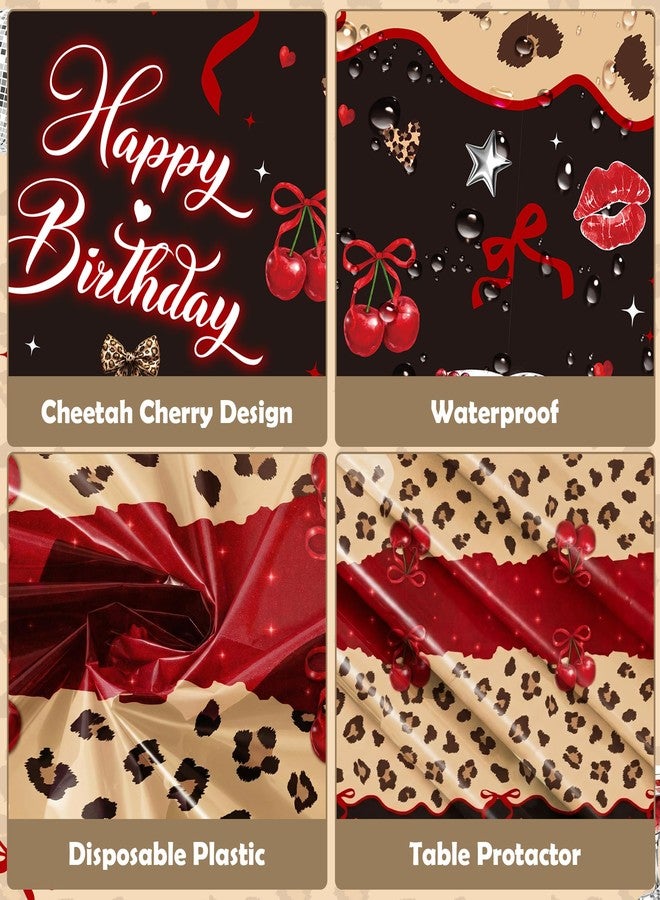 Haooryx Cheetah Cherry Table Cloth - 3Pack Red Cherry Bow Leopard Print Party Table Cover Happy Birthday Theme Rectangle Disposable Tablecloth for Girls Birthday Party Table Decoration 54×108 Inch - Image 3