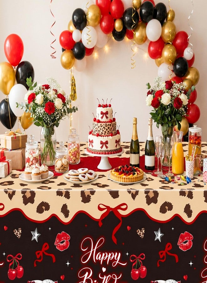 Haooryx Cheetah Cherry Table Cloth - 3Pack Red Cherry Bow Leopard Print Party Table Cover Happy Birthday Theme Rectangle Disposable Tablecloth for Girls Birthday Party Table Decoration 54×108 Inch - Image 4