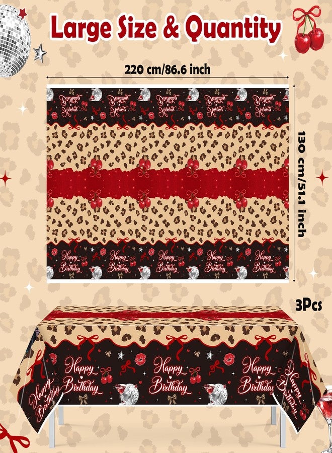 Haooryx Cheetah Cherry Table Cloth - 3Pack Red Cherry Bow Leopard Print Party Table Cover Happy Birthday Theme Rectangle Disposable Tablecloth for Girls Birthday Party Table Decoration 54×108 Inch - Image 2