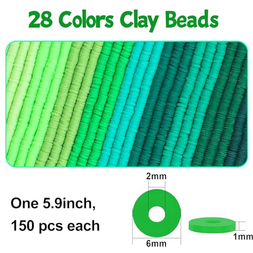 JMUQ 28 Strands Green Clay Beads Bracelet Making Kit, Friendship Preppy Flat Polymer Clay Heishi Beads for Bracelets Jewelry Making Kit, DIY Arts and Crafts Gifts - Image 2