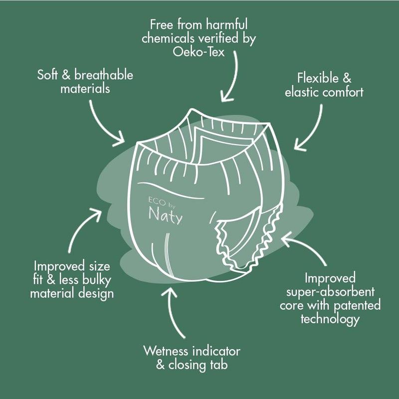 ECO by Naty سراويل حفاضات ناتي فري موفرز | حفاضات تدريب على استخدام المرحاض معتمدة للبشرة الحساسة | ناعمة، بدون رائحة | ماصة ومضادة للتسرب | للأطفال والرضع | الحجم 4، 2T–3T (18–33 رطل)، 22 قطعة - Image 3