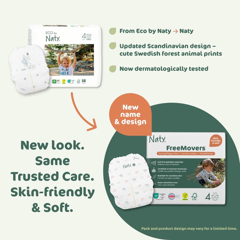ECO by Naty سراويل حفاضات ناتي فري موفرز | حفاضات تدريب على استخدام المرحاض معتمدة للبشرة الحساسة | ناعمة، بدون رائحة | ماصة ومضادة للتسرب | للأطفال والرضع | الحجم 4، 2T–3T (18–33 رطل)، 22 قطعة - Image 2