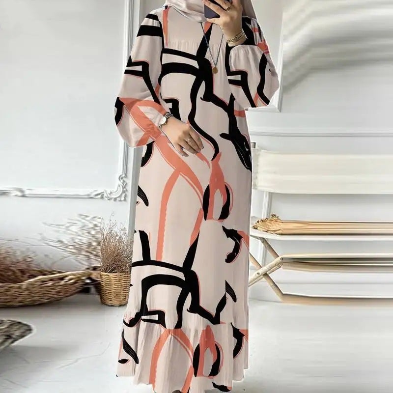 In-Stock Middle Eastern Muslim Women'S Printed Robe Long-Sleeve Vintage Loose Long Dress With Ruffled Hem
