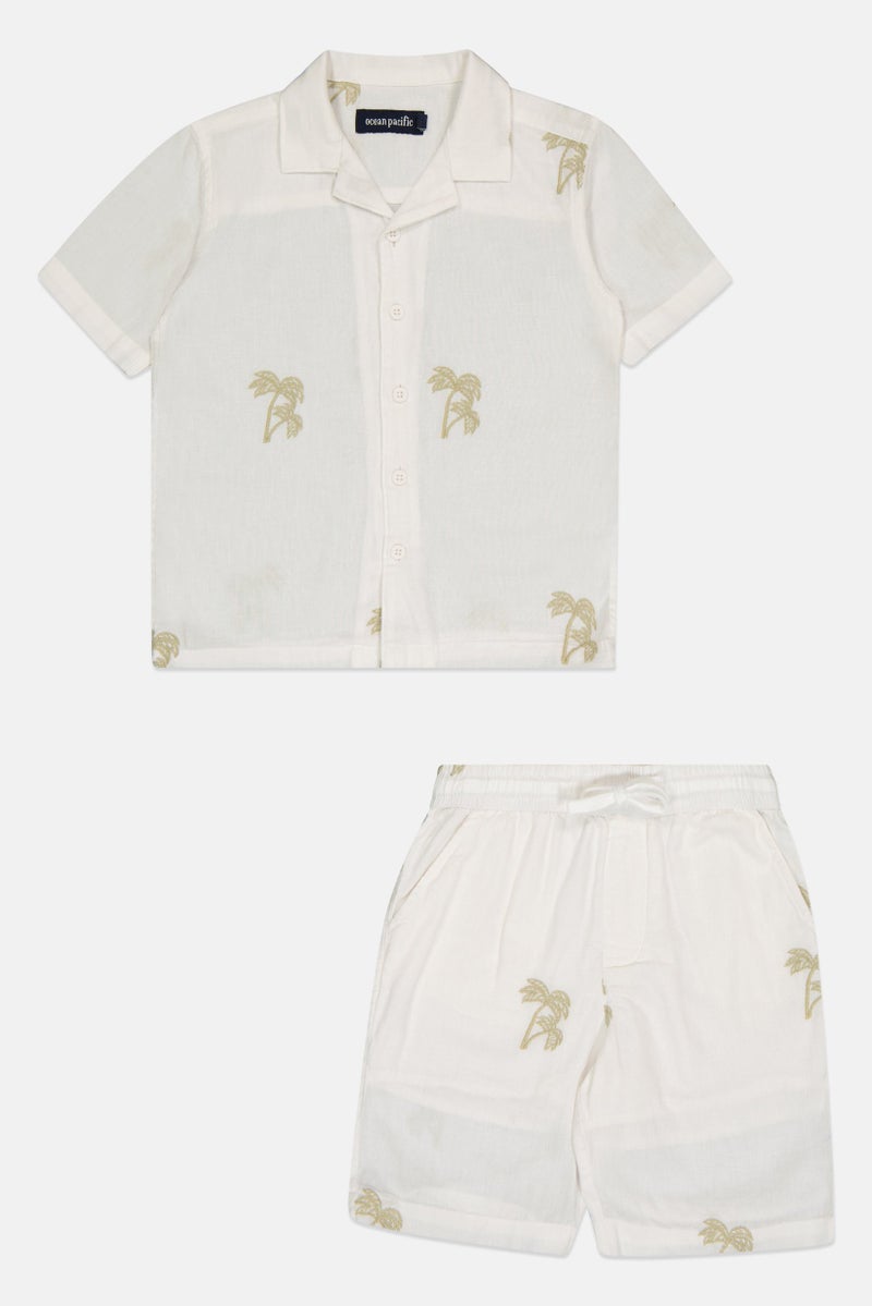 Ocean Pacific Kids Boy 2 Pcs Embroidered Shirt And Shorts Set, White - Image 2