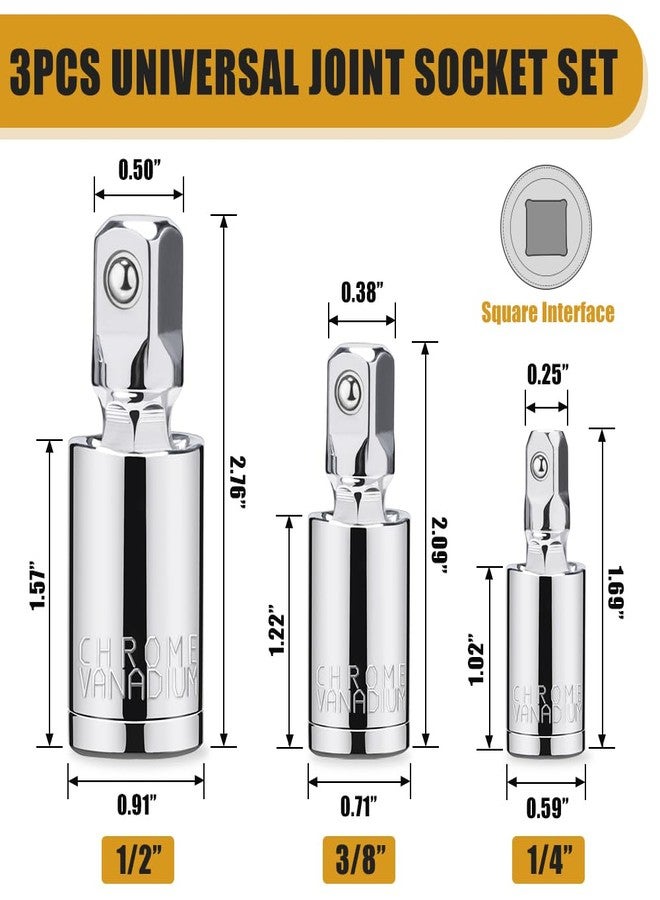 Tiosamd 3PCS Universal Joint Socket Set, 1/4” 3/8” 1/2” Drive Swivel Socket Adapter Set, Premium Chrome Vanadium Steel Universal Joint Socket Adapter Suitable for Narrow Spaces- - Image 2