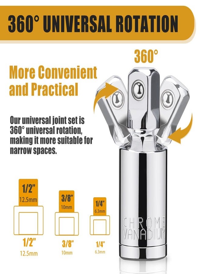 Tiosamd 3PCS Universal Joint Socket Set, 1/4” 3/8” 1/2” Drive Swivel Socket Adapter Set, Premium Chrome Vanadium Steel Universal Joint Socket Adapter Suitable for Narrow Spaces- - Image 4