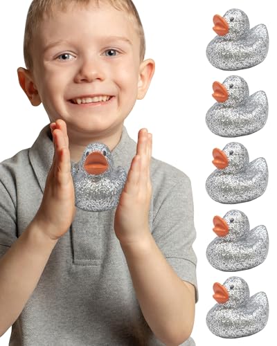 Alpi Glitter Ducks Set of 5 Fun Sparkly Rubber Ducks Bath Toys Decorative Collectible and Great for Parties Gifts Bath Time Silver - Image 1