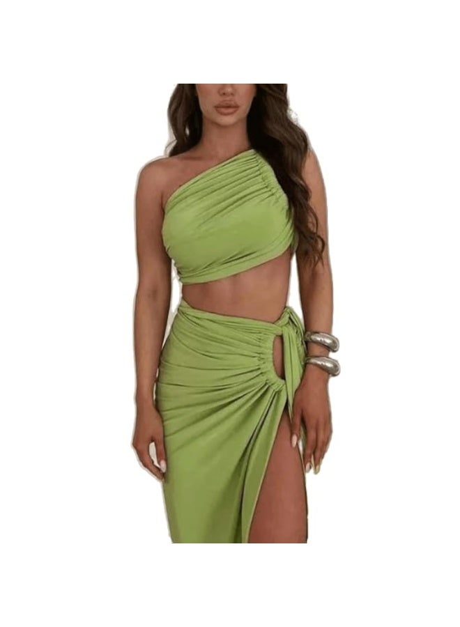 One Shoulder Crop Top and Slit Skirt Set – Women’s Two Piece Suit - Image 2