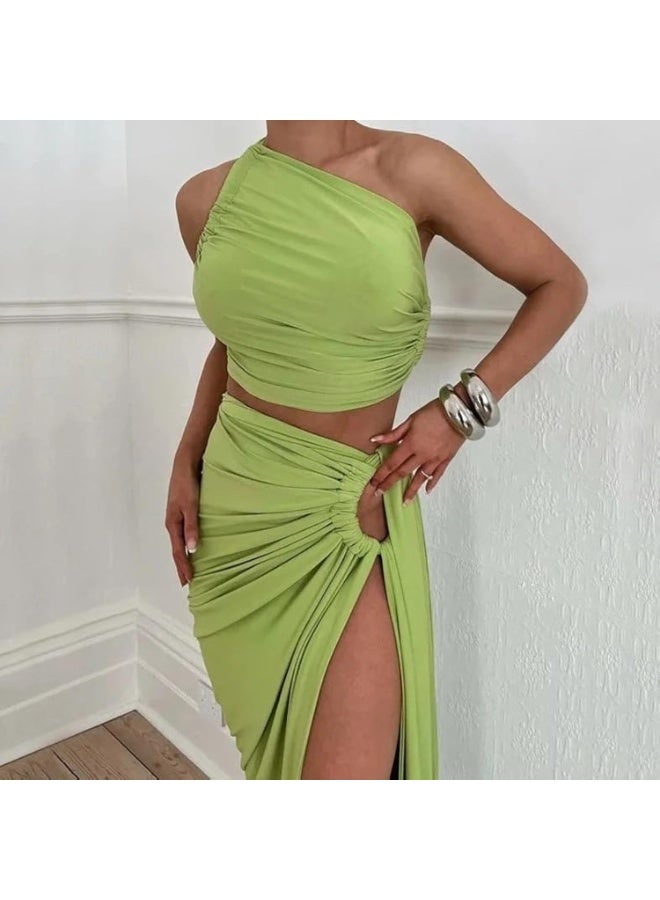 One Shoulder Crop Top and Slit Skirt Set – Women’s Two Piece Suit - Image 3