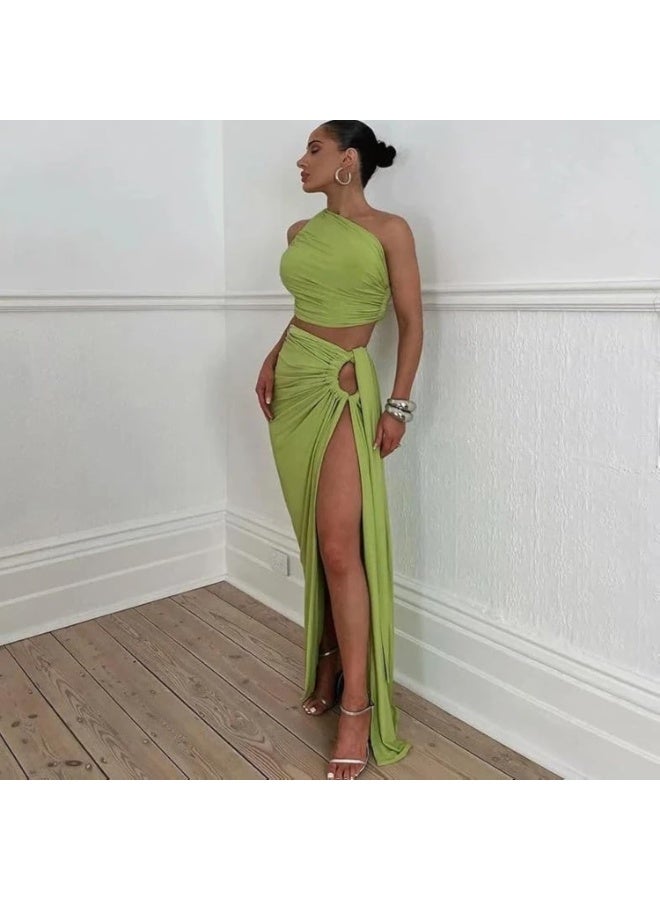 One Shoulder Crop Top and Slit Skirt Set – Women’s Two Piece Suit - Image 1