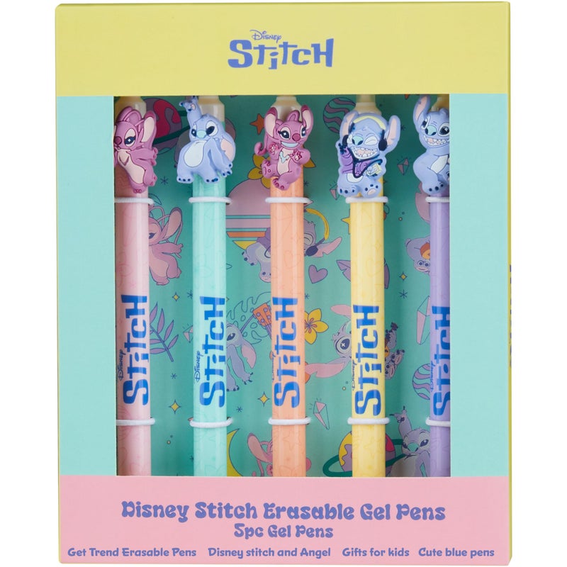 Get Trend Disney Stitch 5pcs Erasable Gel Ink Pens and Angel Cute Writing Pens for Kids Fun Stationery Set Kawaii Journaling Supplies Cool Pen Gifts for Kids (Stitch & Angel) - Image 1