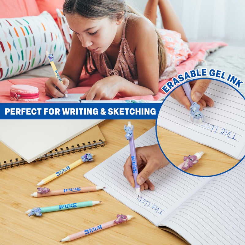 Get Trend Disney Stitch 5pcs Erasable Gel Ink Pens and Angel Cute Writing Pens for Kids Fun Stationery Set Kawaii Journaling Supplies Cool Pen Gifts for Kids (Stitch & Angel) - Image 3