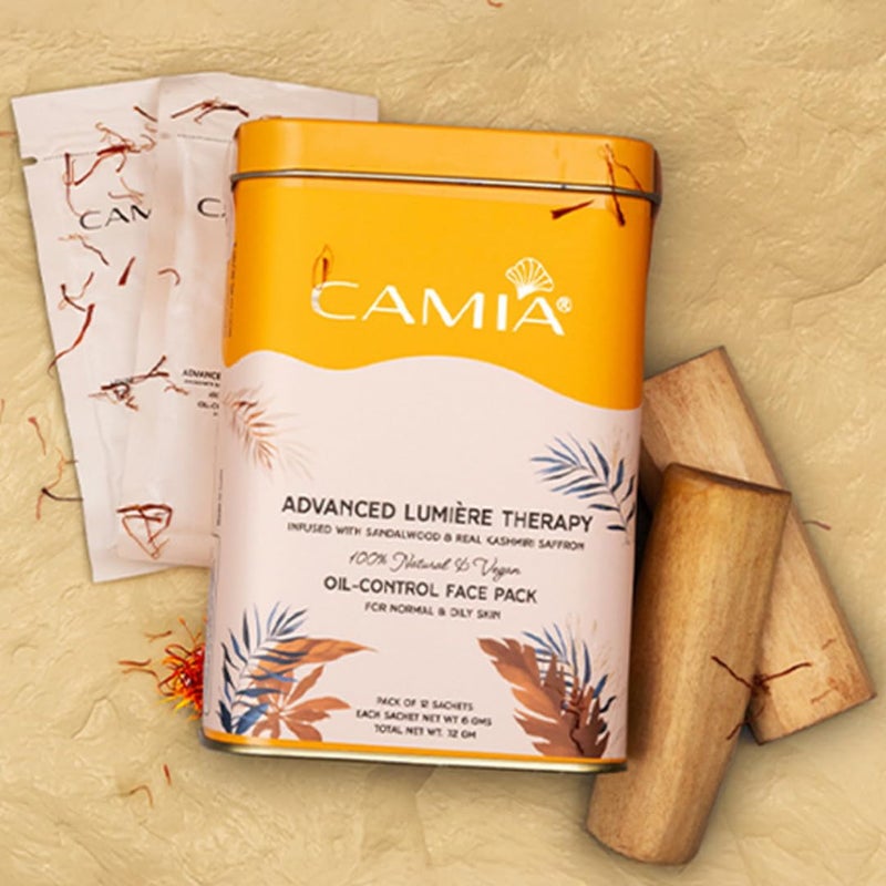 CAMIA Premium Oil Control Face Pack For Normal  Oily Skin  Infused with Pure Sandalwood  Kashmiri Saffron I Face Pack for Glowing Skin AntiAging Hydrates  Nourishes  12 Sachets - Image 1