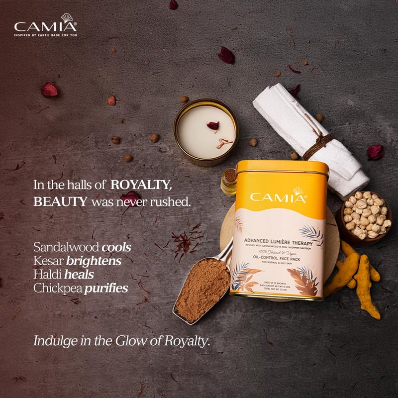 CAMIA Premium Oil Control Face Pack For Normal  Oily Skin  Infused with Pure Sandalwood  Kashmiri Saffron I Face Pack for Glowing Skin AntiAging Hydrates  Nourishes  12 Sachets - Image 2