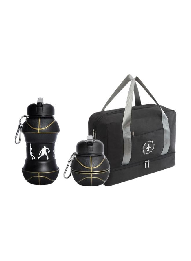 مجموعة اللياقة البدنية، مجموعة الأمتعة، زجاجة مياه قابلة للطي متعددة الوظائف، حقيبة كبيرة السعة، للسفر/الرياضة/السباحة، كل النمط الأسود - Image 1