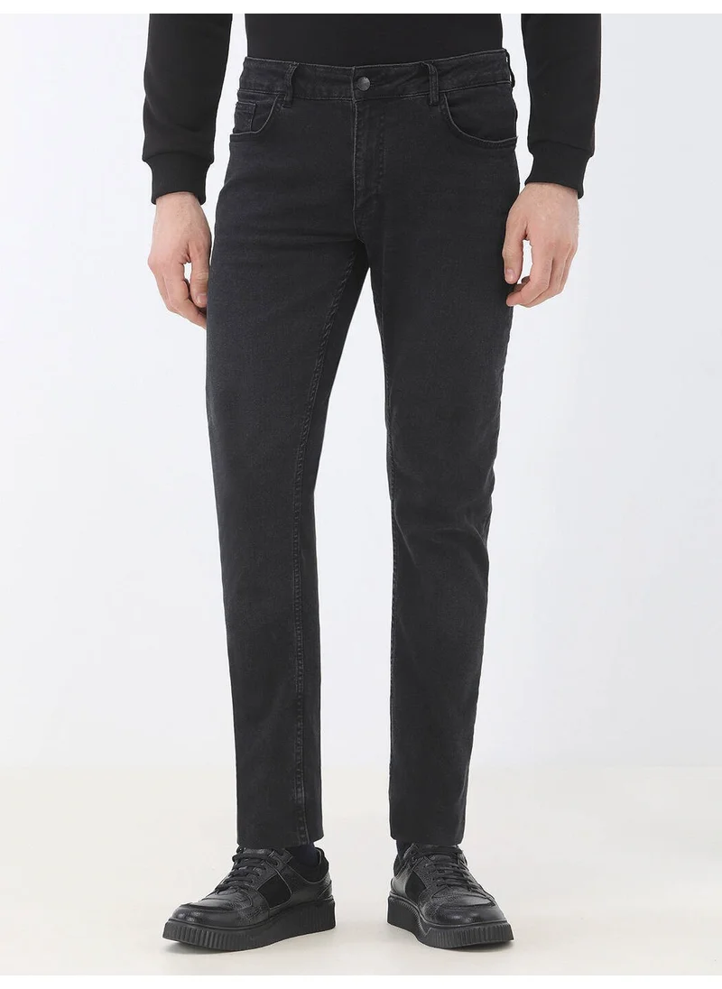 Kip Black Slim Fit Denim Cotton Blend Trousers