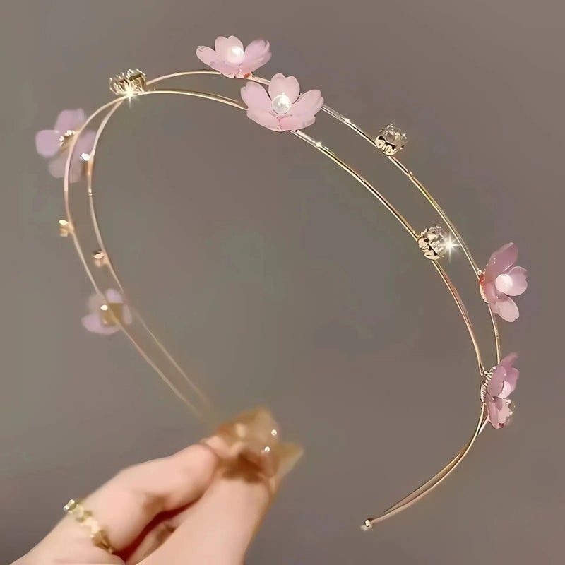 طوق رأس معدن ذهبي مرصع بالورود وفصوص الزيركون - بينك - Image 1