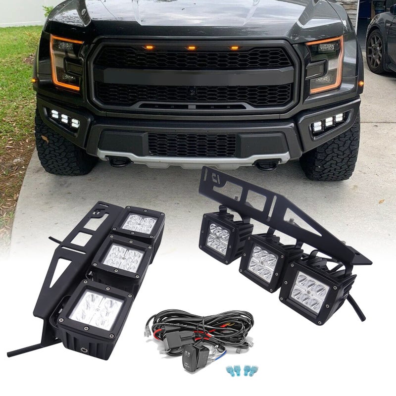 Dasen 6x 24W LED Fog Work Light Pods Front Bumper Mount Bracket Kit wRocking Switch Wiring Kit Compatible with Ford SVT Raptor 20172020 2nd Generation