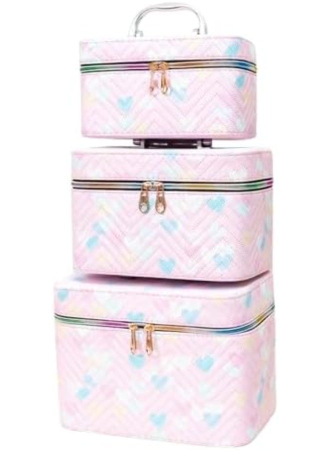 Makeup Travel Case Set, 3-Piece Quilted Cosmetic Organiser Bags with Hearts Pattern, 23/21/18 cm - Image 2