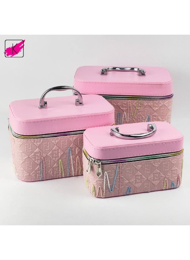 Makeup Travel Case Set, 3-Piece Quilted Cosmetic Organiser Bags with Hearts Pattern, 23/21/18 cm - Image 4