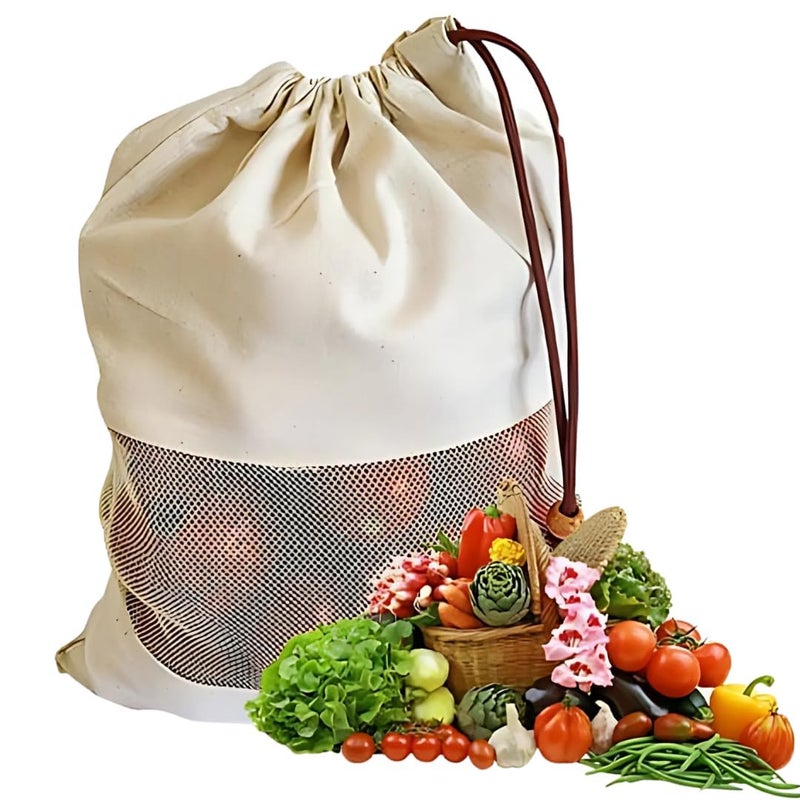 STARKENDY Cotton Mesh Produce Bag for Fridge Storage Breathable Vegetable Bag with Drawstring Wooden Bead Closure Durable Reusable 12 - Image 1