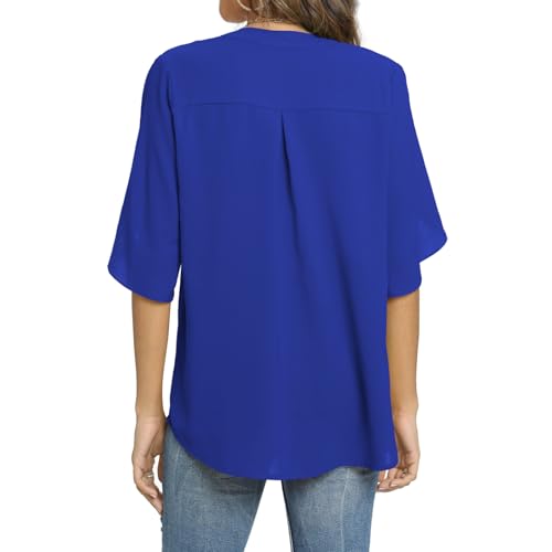 Funlingo Womens Tops Dressy Casual Ladies Business Elegant Blouses Summer Short Sleeve Tunics V-Neck Shirts Work Attire Royal Blue L - Image 4