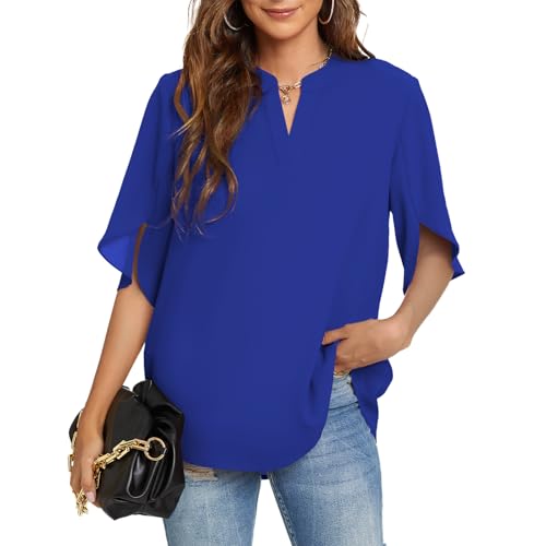 Funlingo Womens Tops Dressy Casual Ladies Business Elegant Blouses Summer Short Sleeve Tunics V-Neck Shirts Work Attire Royal Blue L - Image 1