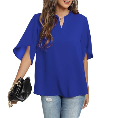 Funlingo Womens Tops Dressy Casual Ladies Business Elegant Blouses Summer Short Sleeve Tunics V-Neck Shirts Work Attire Royal Blue L - Image 2