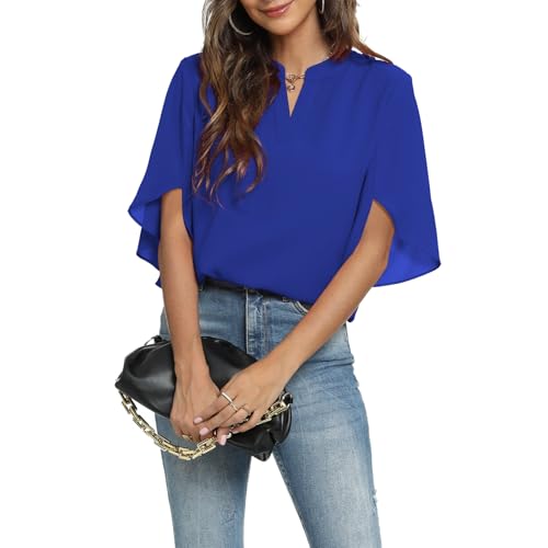 Funlingo Womens Tops Dressy Casual Ladies Business Elegant Blouses Summer Short Sleeve Tunics V-Neck Shirts Work Attire Royal Blue L - Image 3