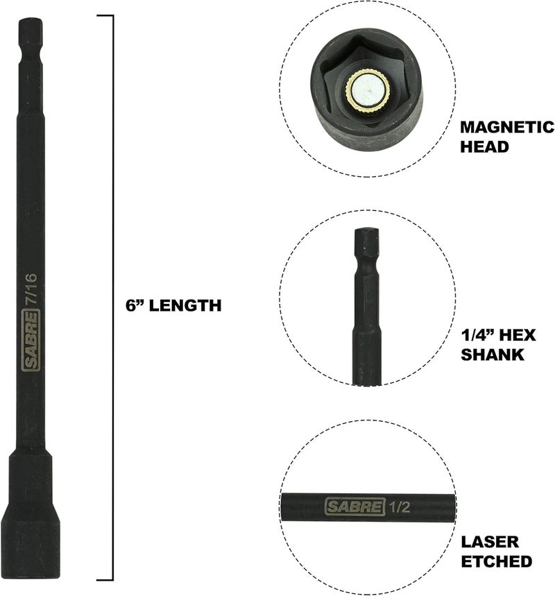 Sabre Tools 7/16 Inch Impact Magnetic Nut Driver – 6 Inch Length, 1/4 Inch Hex Shank, Magnetic Socket Tip (7/16” SAE) - Image 2
