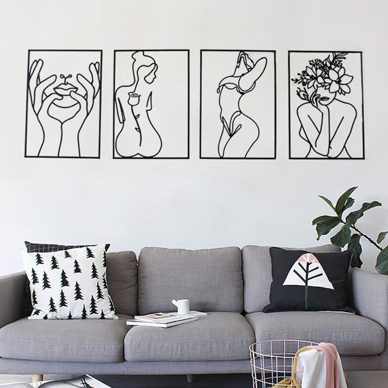 Glamativity 4 Pack Black Wall Art Dcor Minimalist Dcor Single Line Art Wall Dcor Real Metal Wall Art Womans Body Shape Abstract Wall Art Black Classic Style M Size 17 x 118