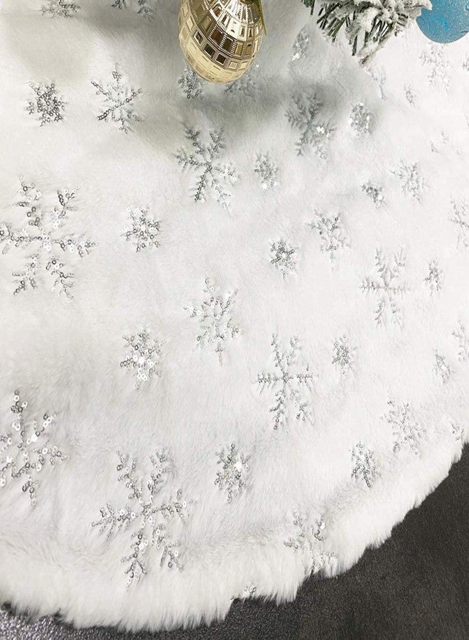 CHICHIC 48 Inch Large Christmas Tree Skirt White Tree Skirt Xmas Faux Fur Tree Skirts Christmas Decorations for Holiday Tree Ornaments Christmas Party Home Decorations with Sequin Silver Snowflakes - Image 1