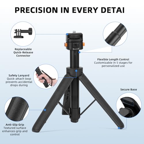 BRDRC 20" Osmo Pocket 3 Tripod for Action Camera, Mini Table Desk Extendable Stand Small Handheld Selfie Stick with Quick Release 1/4'' Screw Vlog for DJI Action 5 Pro for Insta360 X4 X5 X3 Accessories - Image 3