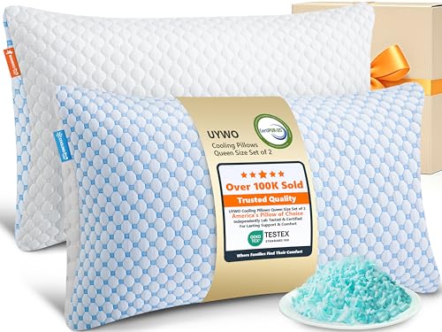 UYWO Cooling Firm Bed Pillows Set of 2 Shredded Memory Foam Pillows for Sleeping Luxury Gel Pillows for Side Back Stomach Sleepers with Removable Washable CoverBlue Queen - Image 1